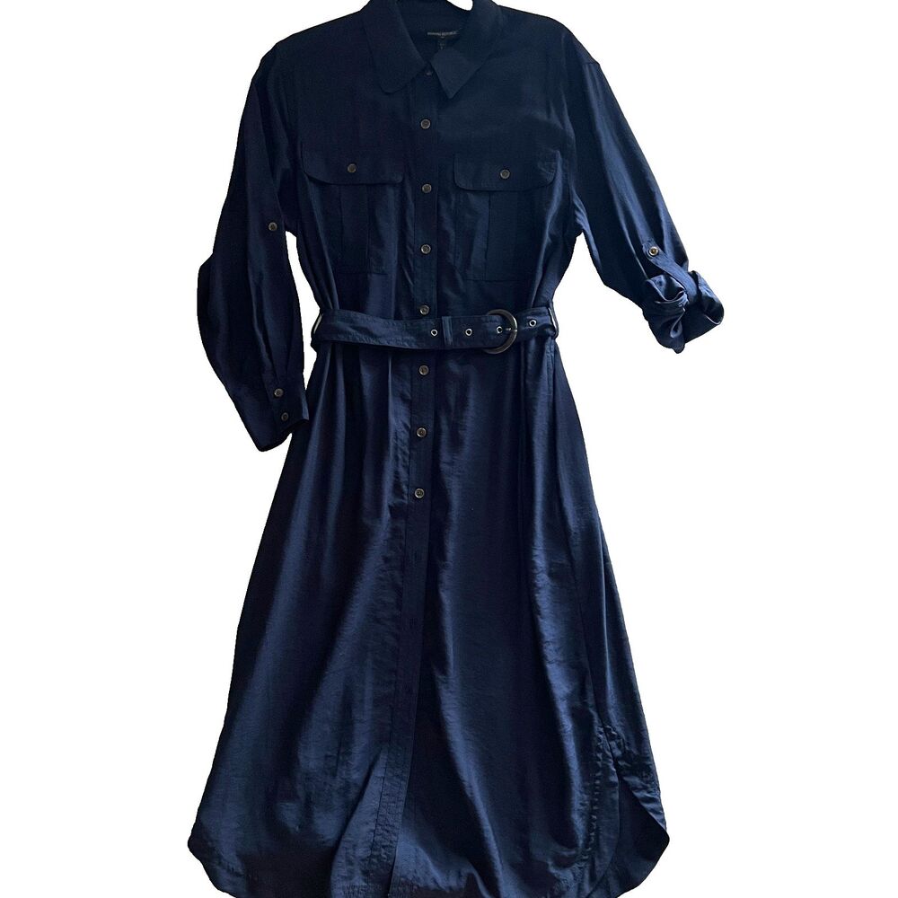 Banana Republic Shirt Dress L petite Navy Belted Maxi roll tab sleeve NWT